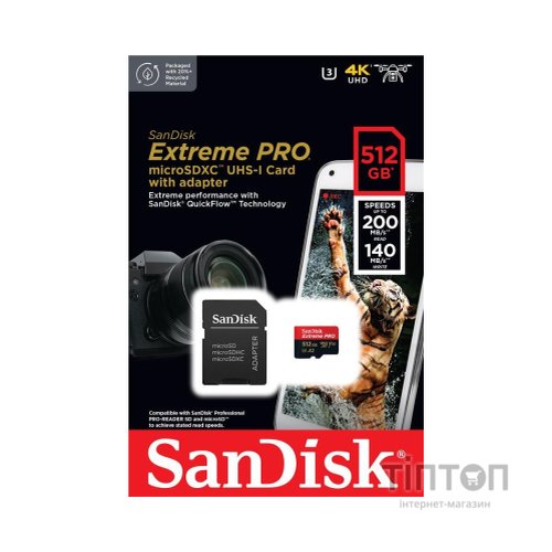 Карта пам'яті SanDisk 512 GB microSDXC UHS-I U3 Extreme Pro+SD Adapter (SDSQXCD-512G-GN6MA)
