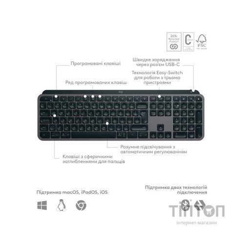 Клавіатура Logitech MX Keys S Wireless UA Graphite (920-011593)