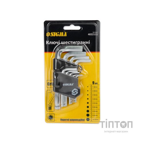 Ключ Sigma набір шестигранних 9шт 1.5-10мм CrV, короткі шар (4022111)