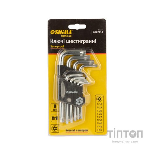 Ключ Sigma набір TORX 9шт T10-T50 CrV, короткі з отвором (4022211)