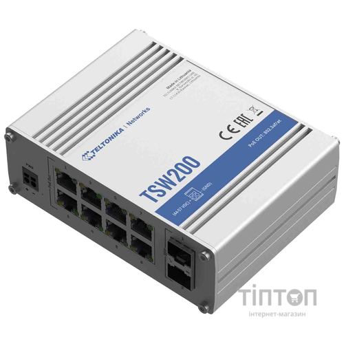 Коммутатор Teltonika TSW200 (TSW200000010) (industrial, unmanaged, 8xGE PoE+, 2xSFP, IP30, ALU Case, 2 pin industrial DC, max PoE 240W)