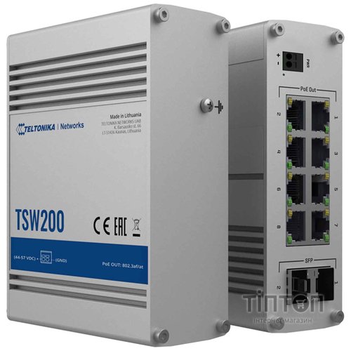Коммутатор Teltonika TSW200 (TSW200000010) (industrial, unmanaged, 8xGE PoE+, 2xSFP, IP30, ALU Case, 2 pin industrial DC, max PoE 240W)