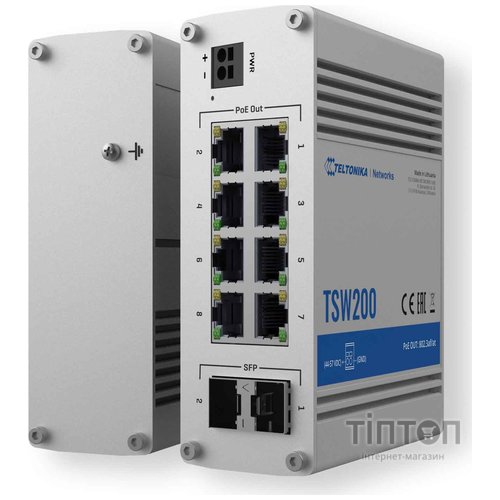 Коммутатор Teltonika TSW200 (TSW200000010) (industrial, unmanaged, 8xGE PoE+, 2xSFP, IP30, ALU Case, 2 pin industrial DC, max PoE 240W)