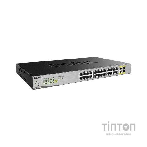 Комутатор D-Link DGS-1026MP 24x1GE c PoE, 2x1GE/SFP PoE 802.3 af/at 370Вт, Некерований