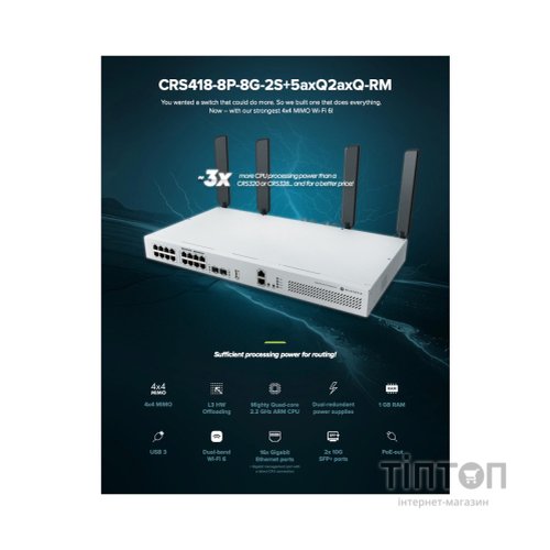 Комутатор мережевий Mikrotik CRS418-8P-8G-2S+5axQ2axQ-RM