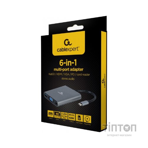Концентратор Cablexpert USB-C 6-in-1 (Hub3.1/HDMI/VGA/PD/card-reader/audio) (A-CM-COMBO6-01)