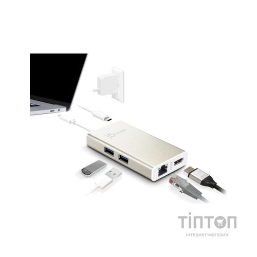 Концентратор J5create USB-C 5-in-1 2xUSB 3.0 + HDMI 4K + USB-C PD + RJ45 1000Mbps gray (JCA374-N)