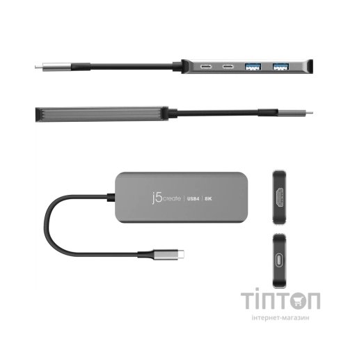 Концентратор J5create USB-C 5-in-1 2xUSB 3.2 10Gbps + 2xUSB-C 10Gbps PD 100W + HDMI 8K gray (JCH453-N)