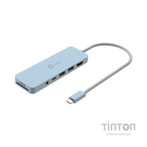 Концентратор J5create USB-C 6-in-1 2xUSB 3.2 + USB-C PD + HDMI 4K + SD/TF + 3.5mm cyan (JCD373EC-N)