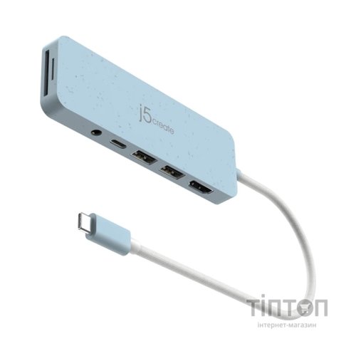 Концентратор J5create USB-C 6-in-1 2xUSB 3.2 + USB-C PD + HDMI 4K + SD/TF + 3.5mm cyan (JCD373EC-N)