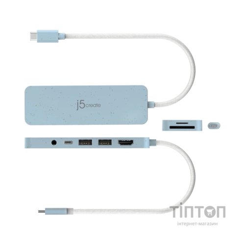 Концентратор J5create USB-C 6-in-1 2xUSB 3.2 + USB-C PD + HDMI 4K + SD/TF + 3.5mm cyan (JCD373EC-N)