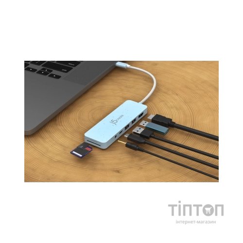 Концентратор J5create USB-C 6-in-1 2xUSB 3.2 + USB-C PD + HDMI 4K + SD/TF + 3.5mm cyan (JCD373EC-N)