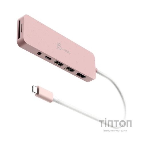 Концентратор J5create USB-C 6-in-1 2xUSB 3.2 + USB-C PD + HDMI 4K + SD/TF + 3.5mm rose (JCD373ER-N)