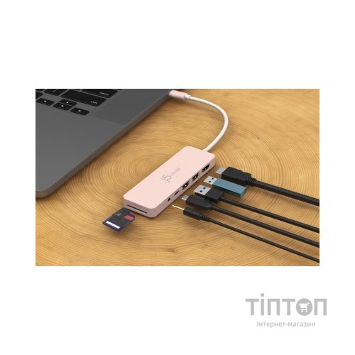 Концентратор J5create USB-C 6-in-1 2xUSB 3.2 + USB-C PD + HDMI 4K + SD/TF + 3.5mm rose (JCD373ER-N)
