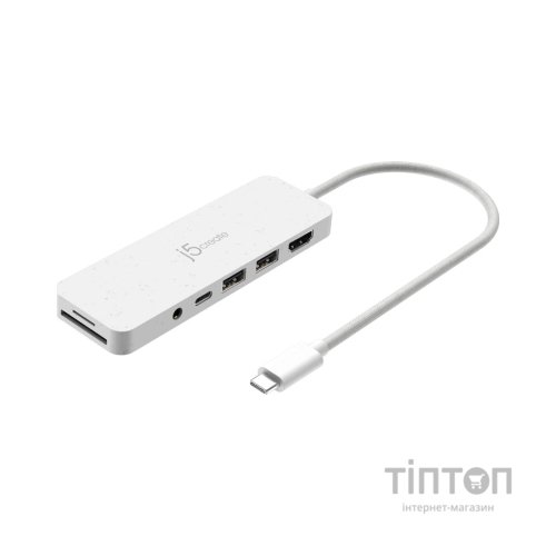 Концентратор J5create USB-C 6-in-1 2xUSB 3.2 + USB-C PD + HDMI 4K + SD/TF + 3.5mm white (JCD373EW-N)
