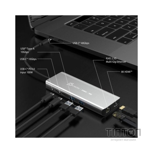 Концентратор J5create USB-С 6-in-1 2xUSB 3.2 + USB-C PD 100W + USB-C + HDMI 8K + RJ45 2.5Gbps aluminum (JCD403-N)