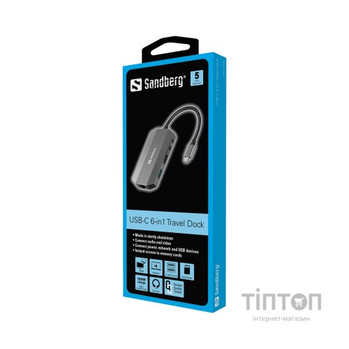 Концентратор Sandberg USB3.1 Type-C to HDMI/USB 3.0x2/RJ45/SD/TF/PD 100W 6in1 (136-33)