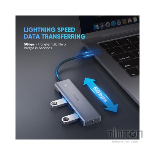 Концентратор Ugreen CM219 HUB Type-C to 4xUSB with USB-C Power Port (Gray) (70336)