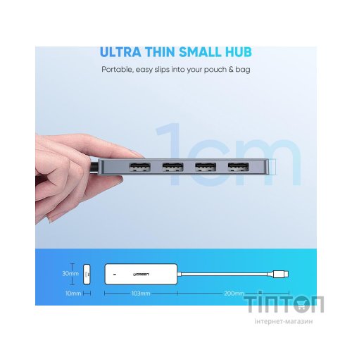 Концентратор Ugreen CM219 HUB Type-C to 4xUSB with USB-C Power Port (Gray) (70336)