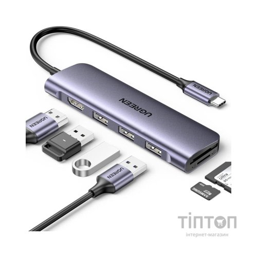 Концентратор Ugreen USB-C 6-in-1 3xUSB 3.0 + HDMI 4K@30Hz + SD/TF silver (20956A)