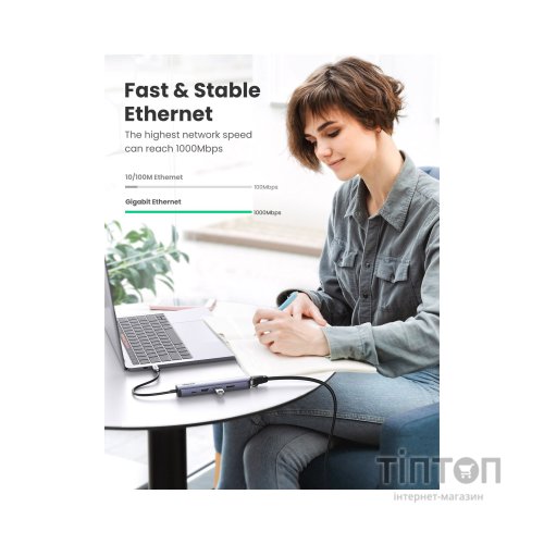 Концентратор Ugreen USB3.0 Type-C to HDMI 4K30Hz/USB 3.0x2/RJ45/PD CM418 (10919)