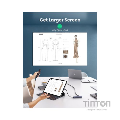 Концентратор Ugreen USB3.0 Type-C to HDMI 4K30Hz/USB 3.0x2/RJ45/PD CM418 (10919)