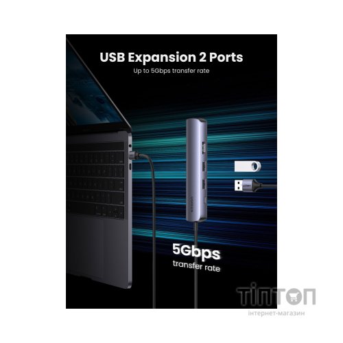 Концентратор Ugreen USB3.0 Type-C to HDMI 4K30Hz/USB 3.0x2/RJ45/PD CM418 (10919)