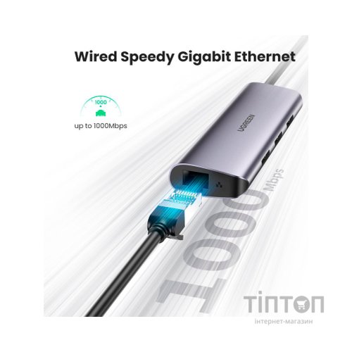 Концентратор Ugreen USB3.0 Type-C to USB 3.0x3/RJ45/ CM236 (60718)
