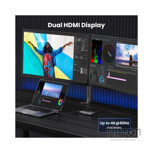 Концентратор Ugreen USB3.1 Type-C to HDMIx2 4K60Hz (8k30Hz)/USB3.0x2/Type-C/PD 100W CM498 (15852)