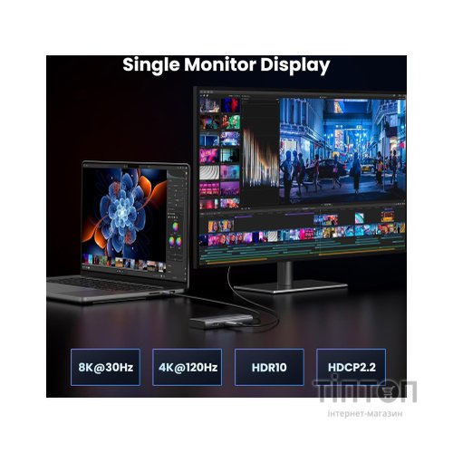 Концентратор Ugreen USB3.1 Type-C to HDMIx2 4K60Hz (8k30Hz)/USB3.0x2/Type-C/PD 100W CM498 (15852)