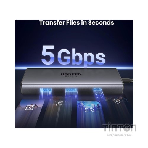 Концентратор Ugreen USB3.1 Type-C to HDMIx2 4K60Hz (8k30Hz)/USB3.0x2/Type-C/PD 100W CM498 (15852)