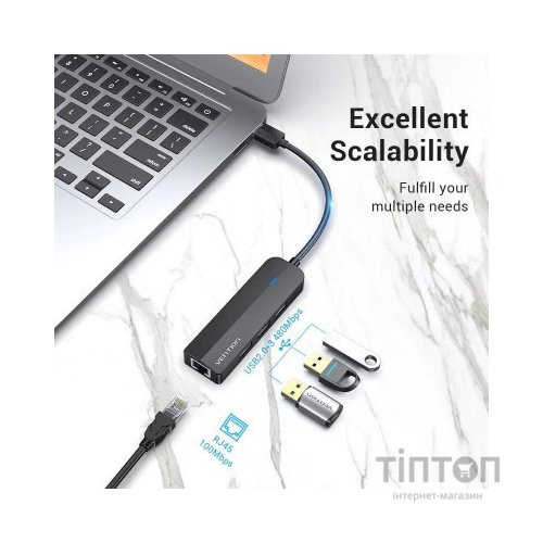Концентратор Vention USB 2.0 to 3хUSB 2.0 + RJ45 100M Ethernet (CHPBB)