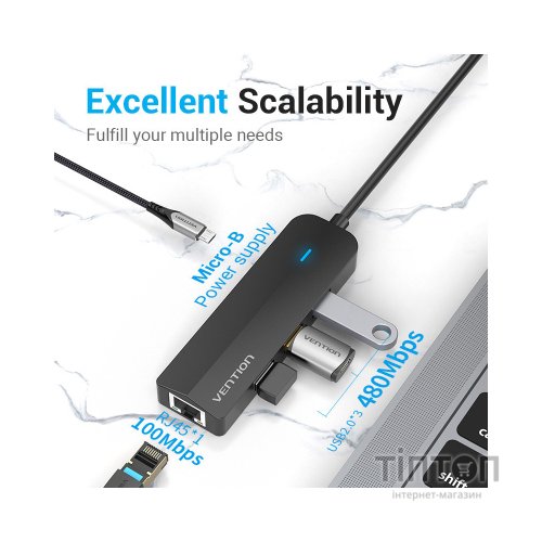 Концентратор Vention USB 3.1 Type-C to 3xUSB 2.0+MicroUSB+RJ45 100M Ethernet black (TGOBB)