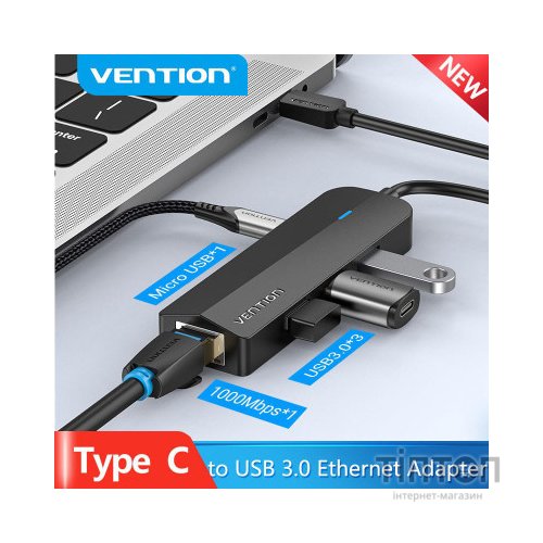 Концентратор Vention USB 3.1 Type-C to 3xUSB 3.0+MicroUSB+RJ45 100M Ethernet black (TGPBB)