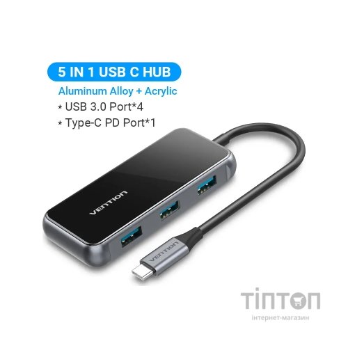 Концентратор Vention USB 3.1 Type-C to 4хUSB 3.0/PD 87W 5-in-1 Gray Mirrored Surface (TFDHB)