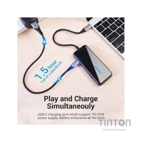 Концентратор Vention USB 3.1 Type-C to 4хUSB 3.0/PD 87W 5-in-1 Gray Mirrored Surface (TFDHB)