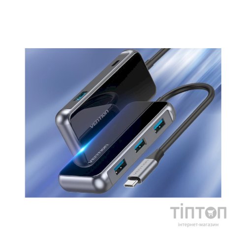 Концентратор Vention USB 3.1 Type-C to 4хUSB 3.0/PD 87W 5-in-1 Gray Mirrored Surface (TFDHB)