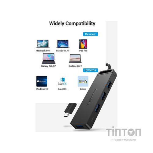 Концентратор Vention USB 3.1 Type-C to 4xUSB 3.0 active black (TGKBB)