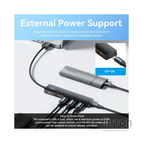 Концентратор Vention USB to 4xUSB 3.2 Gen2 + USB-C 10Gbps 0.15m black (CHOBB)
