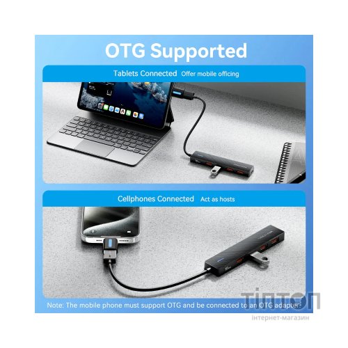 Концентратор Vention USB to 4xUSB 3.2 Gen2 + USB-C 10Gbps 0.15m black (CHOBB)