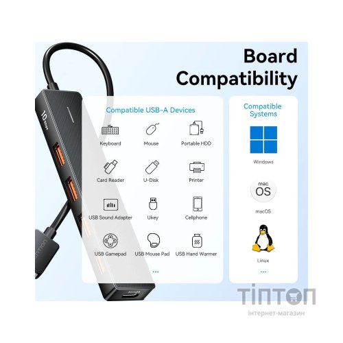 Концентратор Vention USB to 4xUSB 3.2 Gen2 + USB-C 10Gbps 0.15m black (CHOBB)