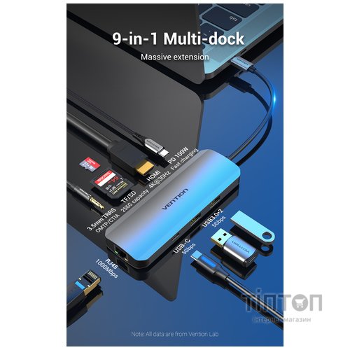 Концентратор Vention USB3.1 Type-C --> HDMI/USB 3.0x2/RJ45/USB-C/SD/TF/TRRS 3.5mm (TOMHB)