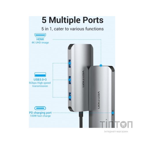 Концентратор Vention USB3.1 Type-C --> HDMI/USB 3.0x3/PD 100W Hub 5-in-1 (TODHB)
