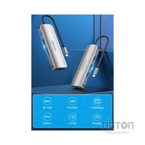 Концентратор Vention USB3.1 Type-C --> HDMI/USB 3.0x3/RJ45/SD/TF/PD 100W Hub 8-in (TOKHB)