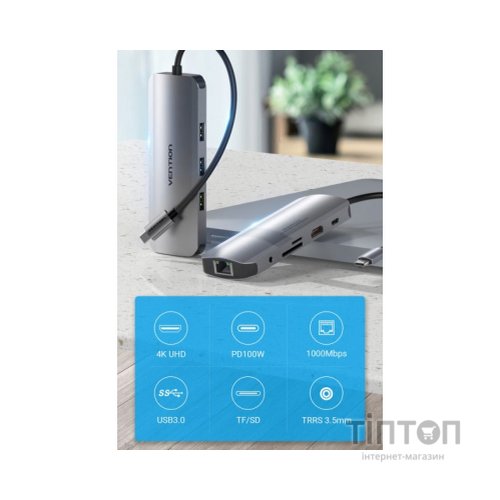 Концентратор Vention USB3.1 Type-C --> HDMI/USB 3.0x3/RJ45/SD/TF/TRRS 3.5mm/PD 10 (TOLHB)