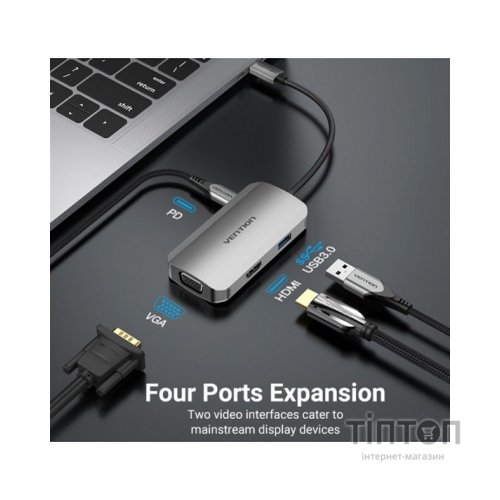 Концентратор Vention USB3.1 Type-C --> HDMI/VGA/USB 3.0/PD 100W Hub 4-in-1 (TOAHB)