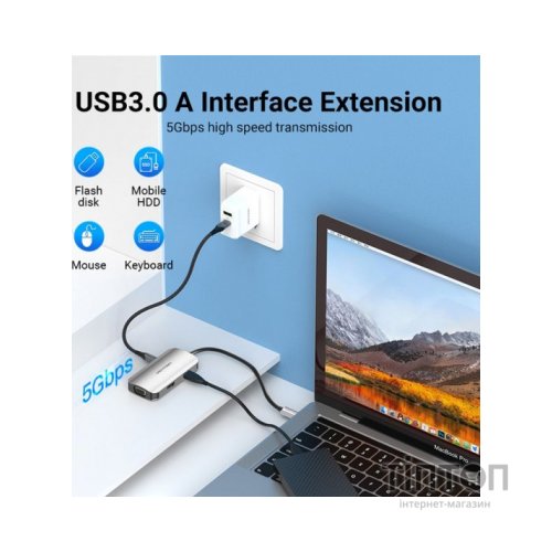 Концентратор Vention USB3.1 Type-C --> HDMI/VGA/USB 3.0/PD 100W Hub 4-in-1 (TOAHB)