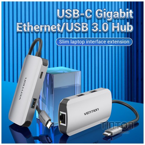 Концентратор Vention USB3.1 Type-C --> USB 3.0x3/RJ45 Gigabit/PD 100W Hub 5-in-1 (TNFHB)