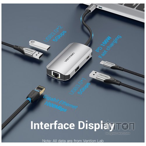 Концентратор Vention USB3.1 Type-C --> USB 3.0x3/RJ45 Gigabit/PD 100W Hub 5-in-1 (TNFHB)