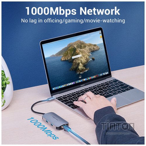 Концентратор Vention USB3.1 Type-C --> USB 3.0x3/RJ45 Gigabit/PD 100W Hub 5-in-1 (TNFHB)